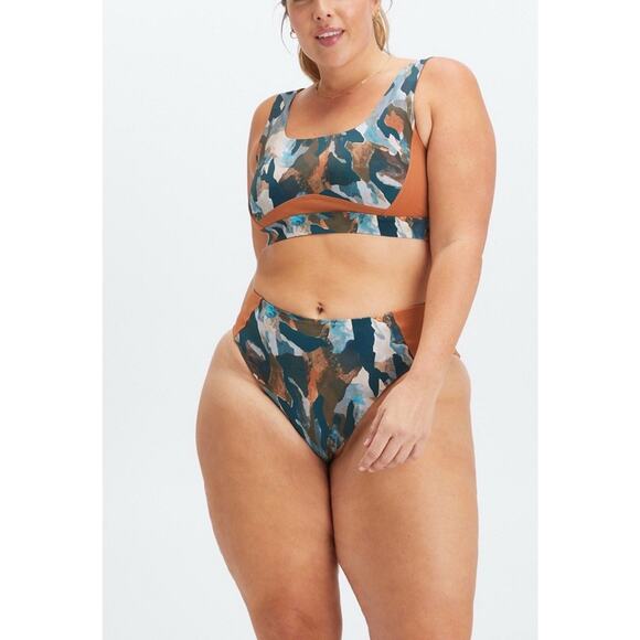 Fabletics Scoop Back Swim Bra & Bottoms Camo Paintbrush Teal Burnt Orange Sz XXL - Picture 11 of 11